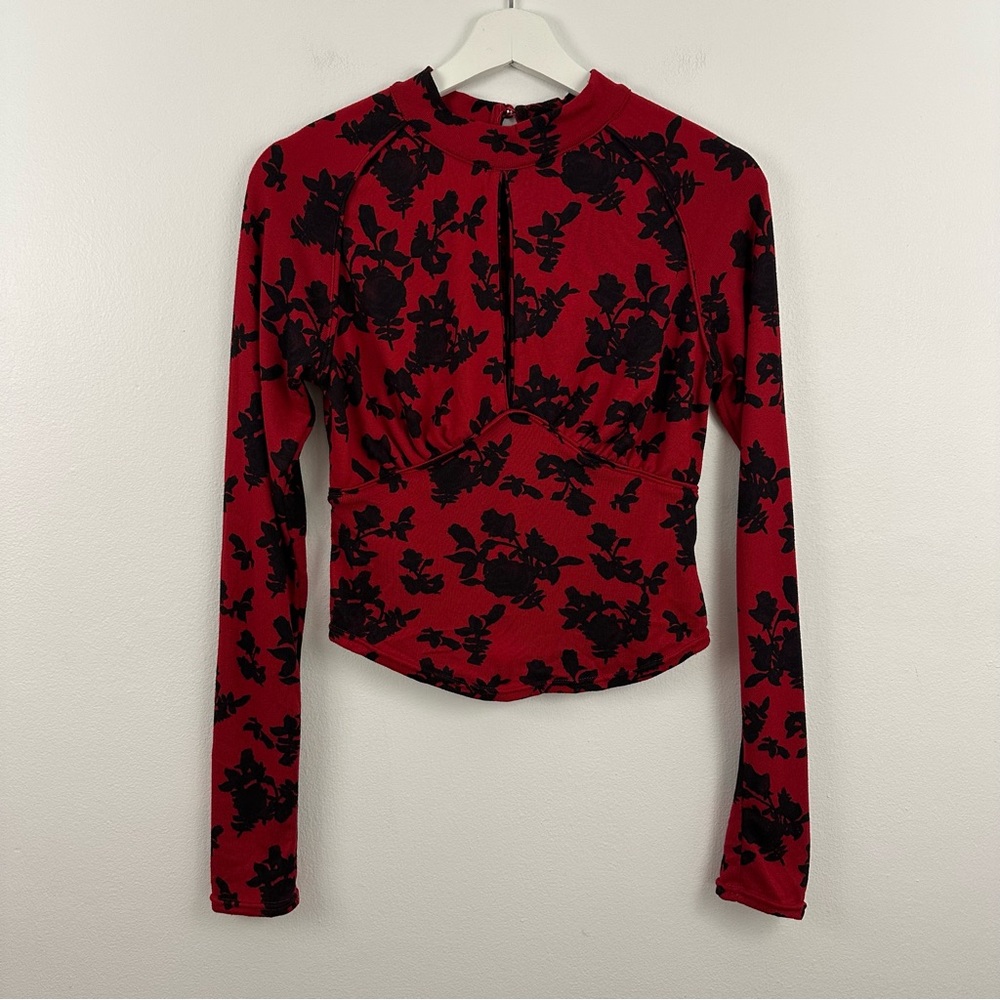 Free People Women’s Long Sleeve Floral Key Hole Mock Neck Top Size XS
